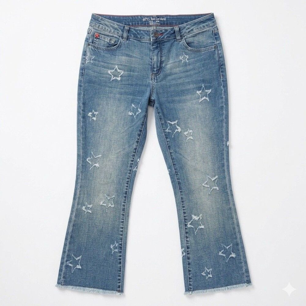 Peace Love World Star Pattern Frayed Hem Cropped Jean Women Sz 8 Summer Fun EUC